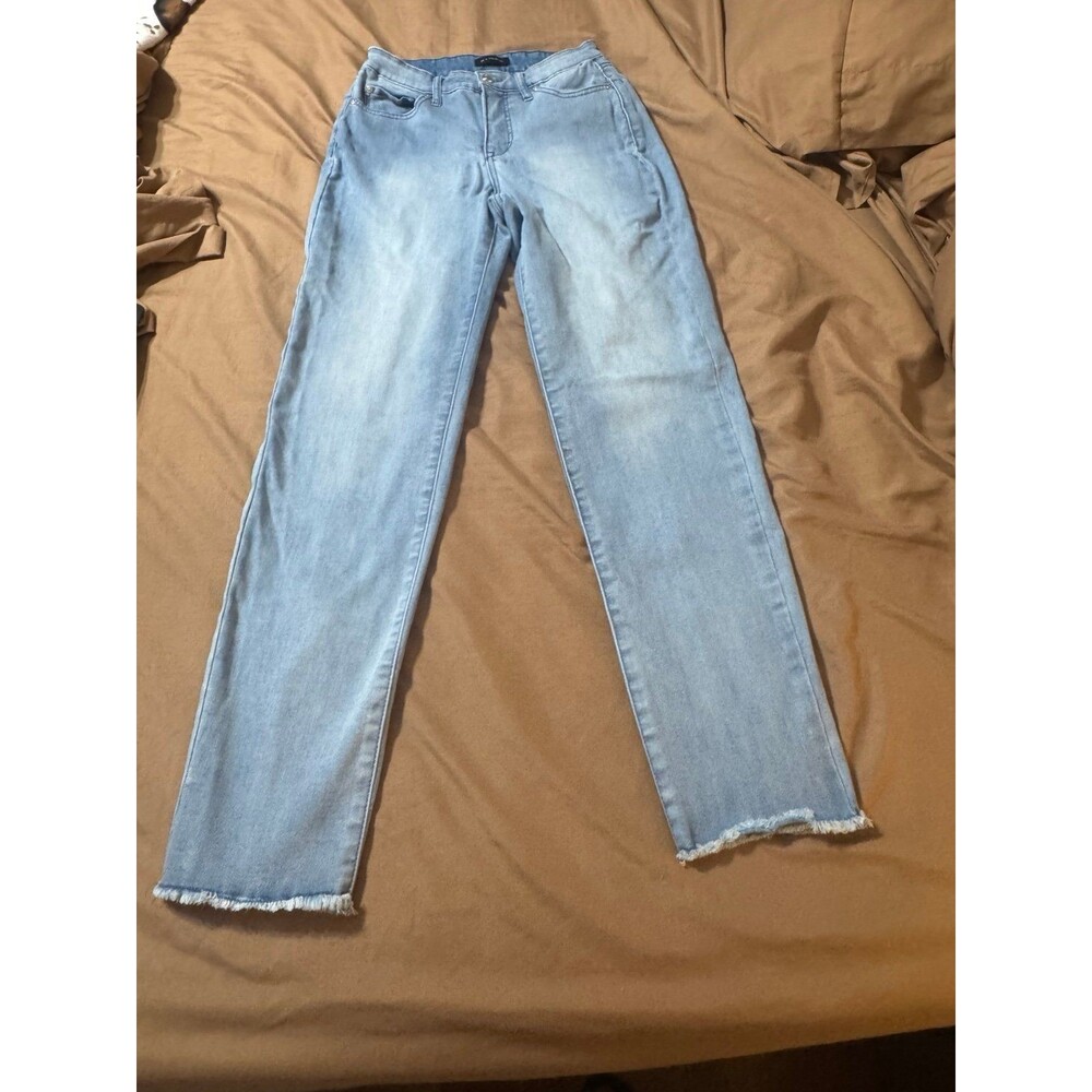 H by Halston Women's Light Wash with Back Leg Slit Frayed Hem Straight Leg Jeans